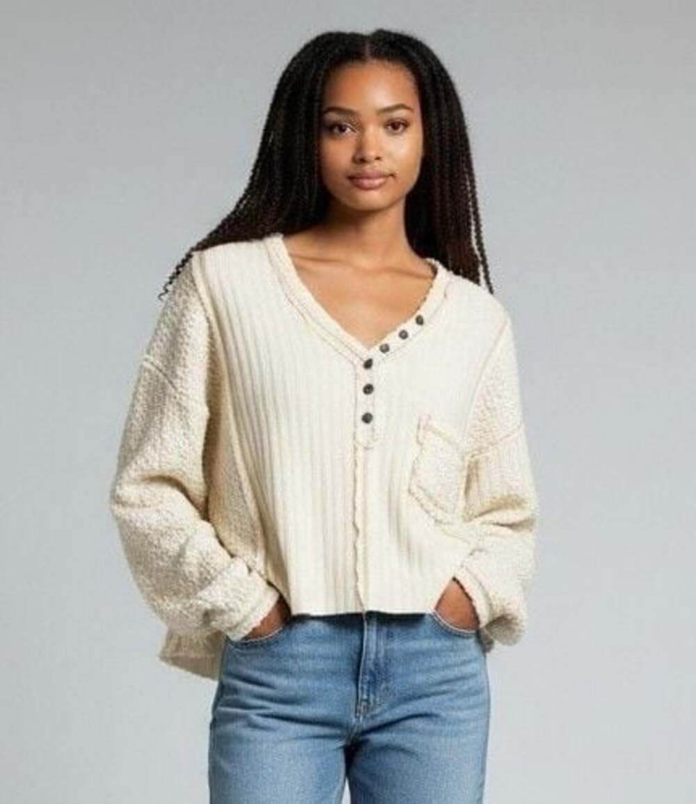 POL Clothing YKT1753 Textured Ribbed Long Sleeve Button Pocket Top Size S